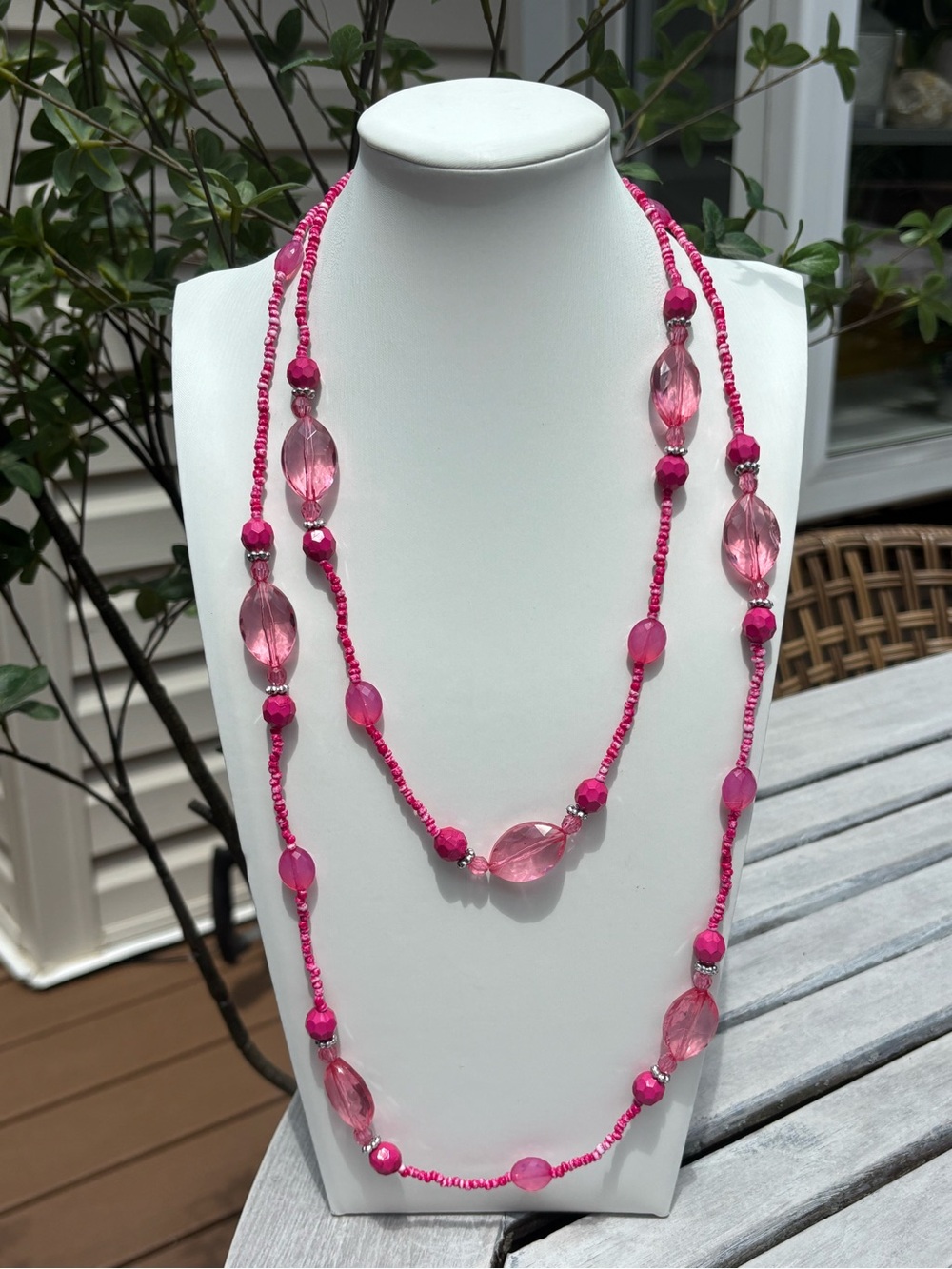 Long Hot Pink Beaded Necklace for Women
